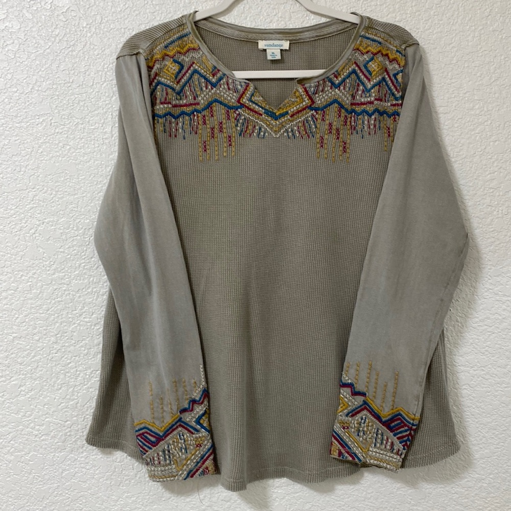 Sundance Women's XL Cotton Waffle Knit Embroidered Vintage Wash Long Sleeve Top